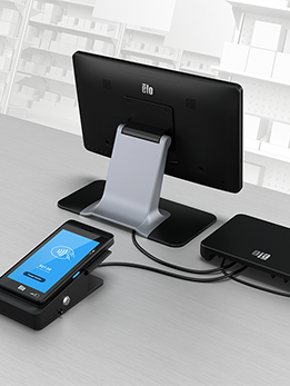 Elo Pay M60 attached to the DS11 Docking Station and Elo USB-C Touchscreen monitor