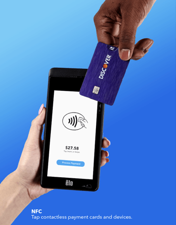 One hand holding an Elo M60 with another hand tapping it with a credit card, using the contactless NFC payment method, with a gradient background.